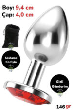 Vibra Taşlı Metal Anal Plug - Büyük Boy 9,2 cm - Saklama Kılıfı Hediyeli
