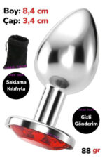 Vibra Elmas Taşlı Metal Anal Plug - Orta Boy 8,4 cm - (Saklama Kılıfı Hediyeli)